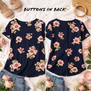 Ava & Viv Navy Floral Button Back Blouse 2X Plus Size Short Sleeve Stretch Top